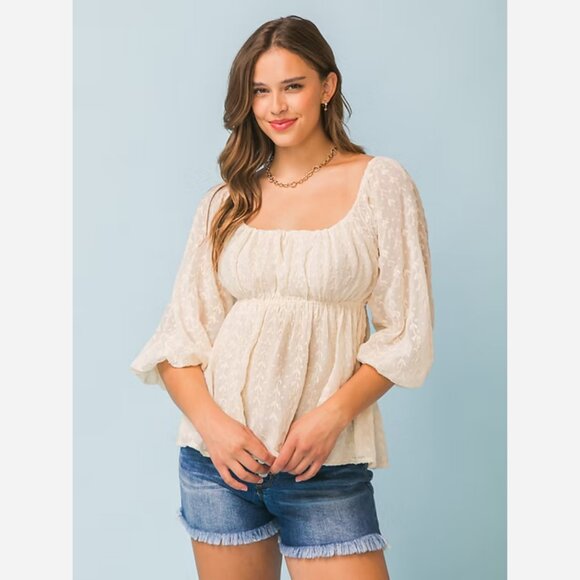 Square Neckline Empire Top – Textured Woven with 3/4 Sleeves - Picture 1 of 7